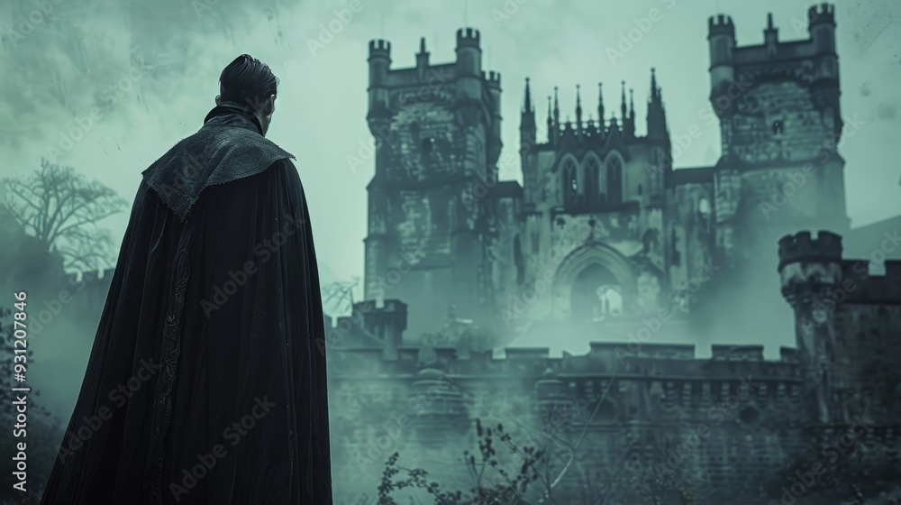 Dark cape vampire stands in front of gothic castle. Dark cape vampire stands in front of gothic castle.