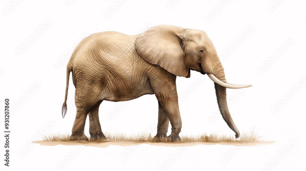 Obraz premium Majestic Elephant in Watercolor: A majestic African elephant stands tall in a serene watercolor illustration, capturing its powerful presence and gentle nature. The intricate details and soft colors e