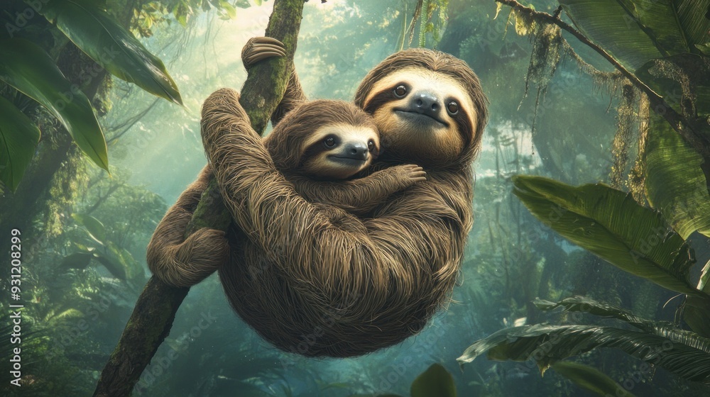 A Sloth Mother and Her Baby Embracing in the Rainforest A Sloth Mother and Her Baby Embracing in the Rainforest