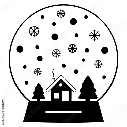 Christmas Snow Globe with winter scene, fir trees, house & smoking chimney