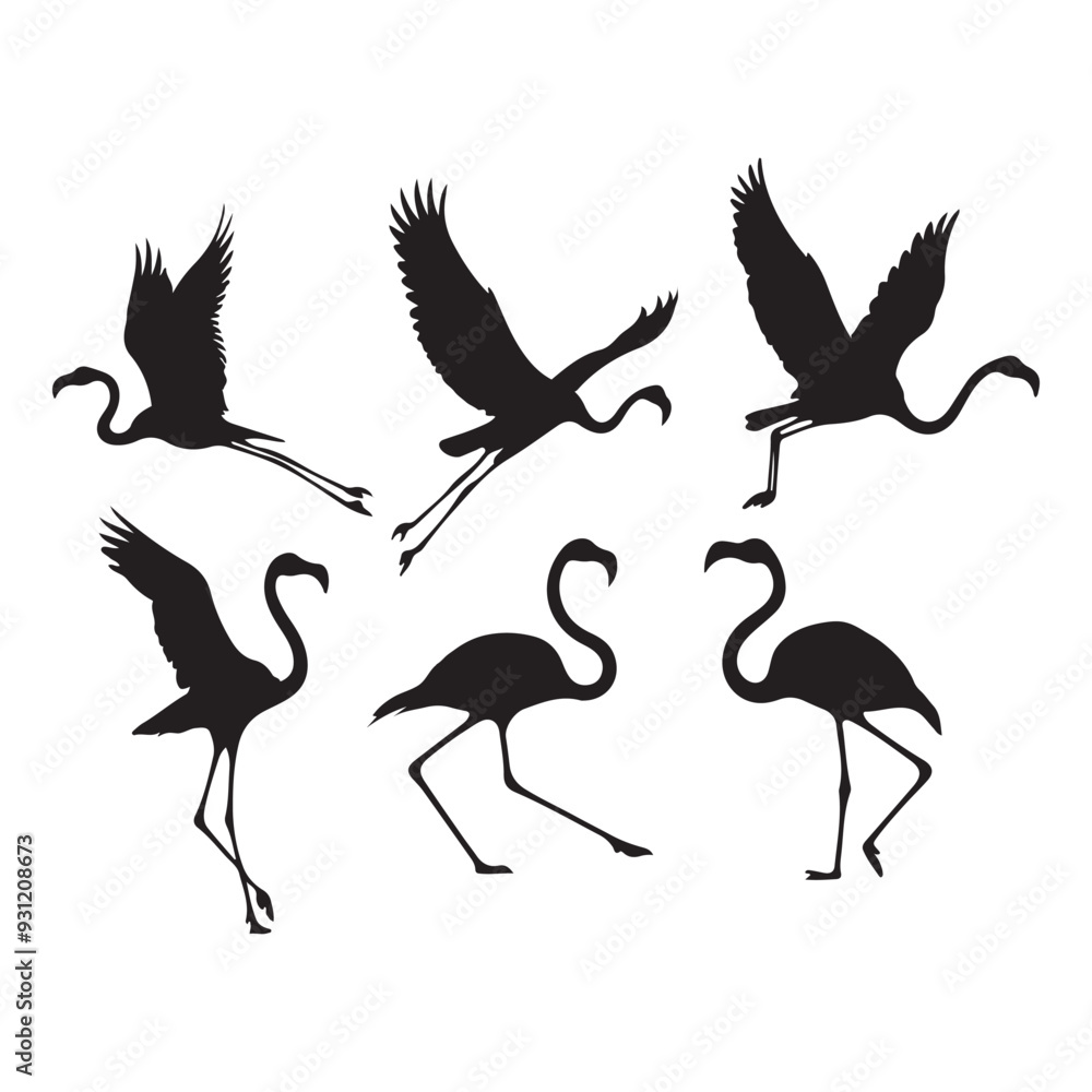 Fototapeta premium Set of silhouettes of flamingo birds ,Flamingo silhouettes set, large pack of vector silhouette design, isolated white background
