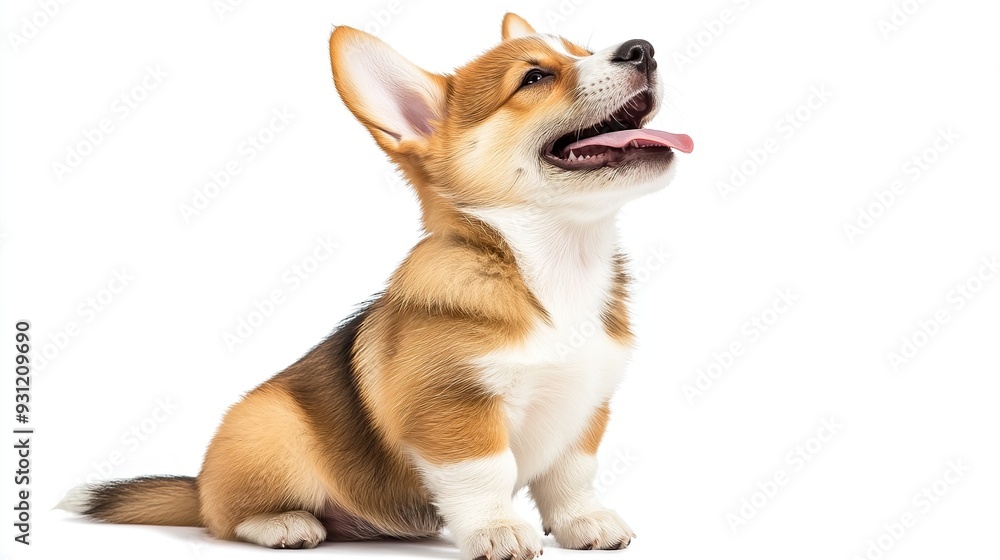 A cute corgi puppy sits with its tongue out, looking up, isolated on white background. A cute corgi puppy sits with its tongue out, looking up, isolated on white background.
