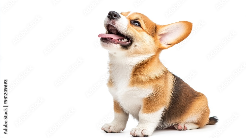 A cute corgi puppy sitting with its tongue out, looking up at something off-camera. A cute corgi puppy sitting with its tongue out, looking up at something off-camera.