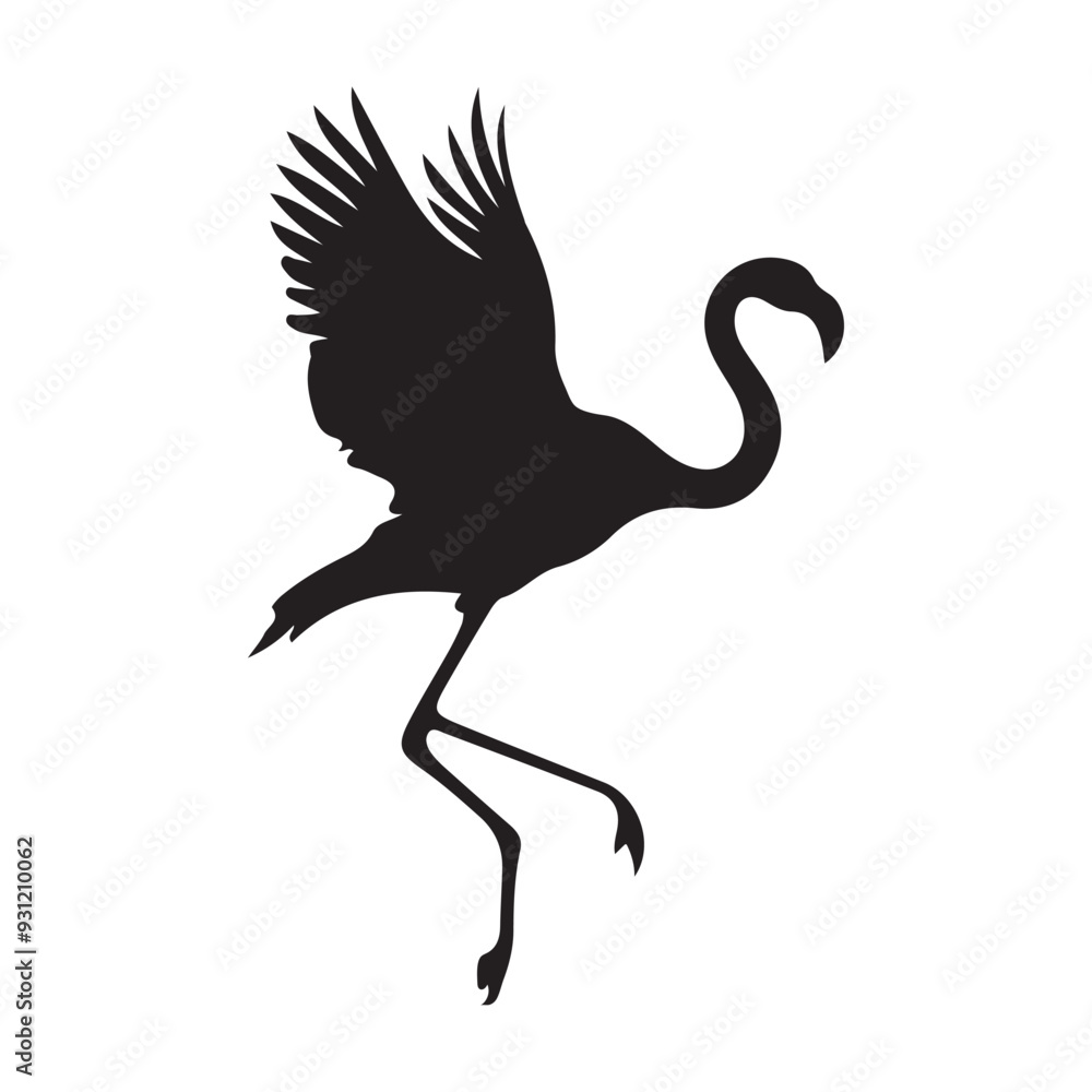Vector illustration of flamingo in outline style is isolated on white background. Black silhouette of tropical bird flamingo standing on one leg .Cranes, Egrets, and Flamingoes