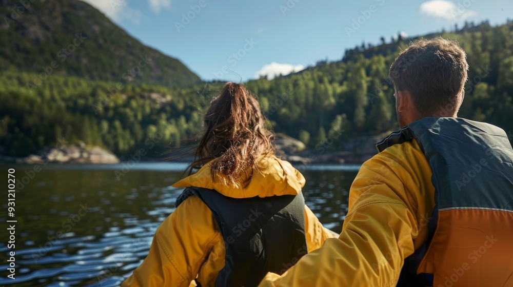 Fototapeta premium Couple enjoying recreational voyage expedition in nature, deep depth of field, copy space, all objects in focus