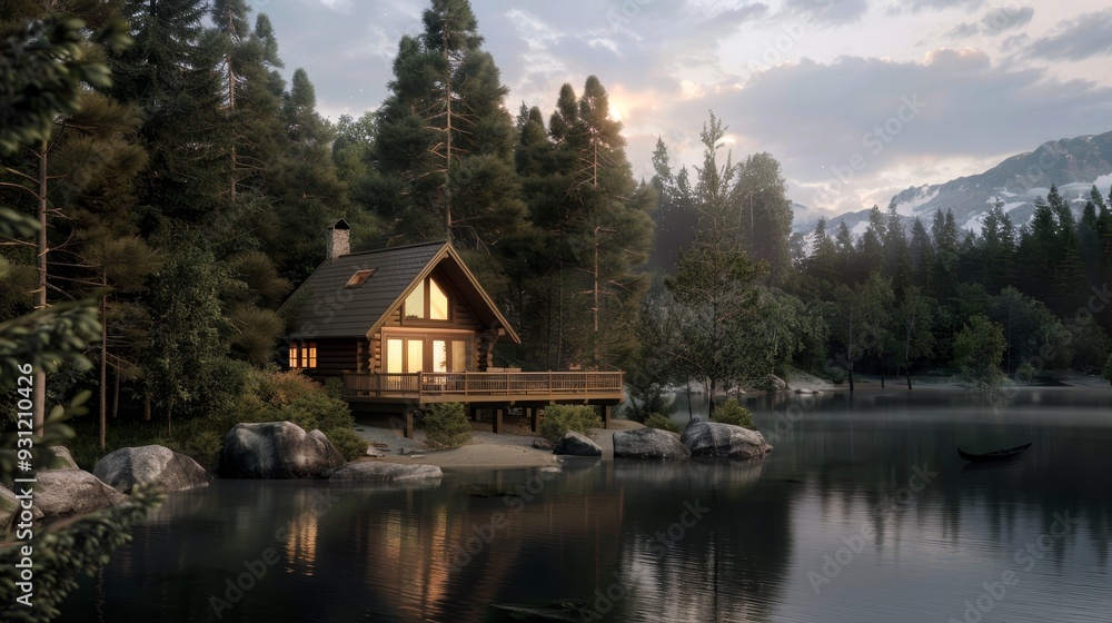 Fototapeta premium Cozy lakeside cabin in forest, 3D rendering, summer retreat