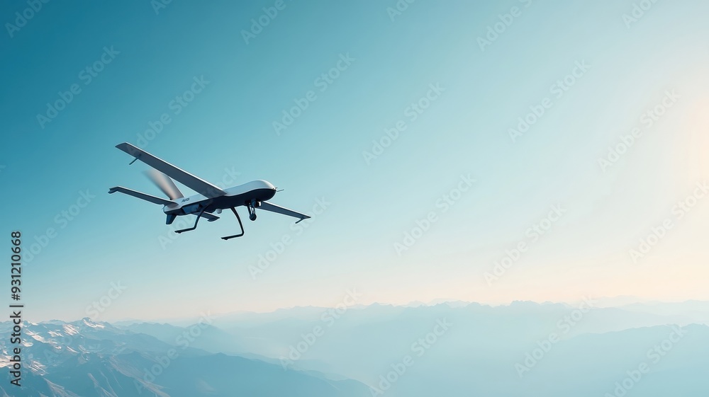 Lone drone hovering in mid-air against clear blue sky. Lone drone hovering in mid-air against clear blue sky.