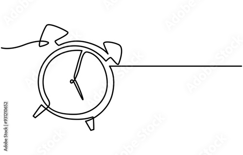 Single continuous line drawing of an alarm clock, Clock with arrow. One thin line continuous symbol, Continuous one line drawing of vintage alarm clock. Single line art illustration on the theme.