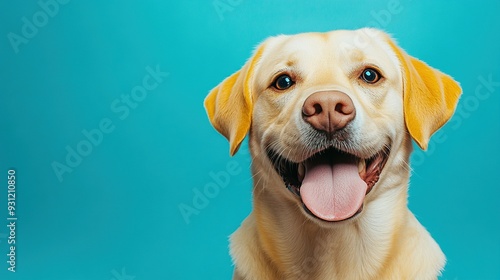 A golden retriever with a happy expression against a turquoise blue background.