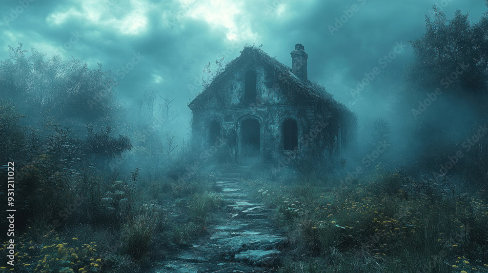 Skull in a spooky or eerie setting, such as a haunted house or dark forest, for a horror-themed effect. Skull in a spooky or eerie setting, such as a haunted house or dark forest, for a horror-themed effect.