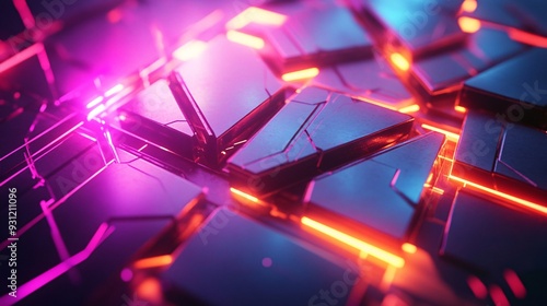 Cyberpunk style, interlocking 3D geometric shapes with neon lights, creating a geometric 3D background photo