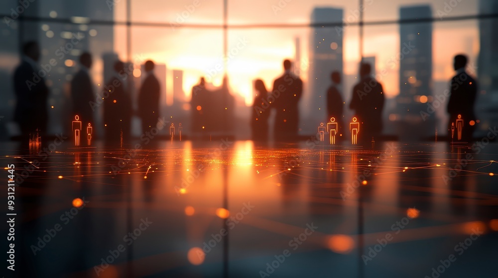 Corporate scene with holographic figures on a reflective table, symbolizing connections and networking. Corporate scene with holographic figures on a reflective table, symbolizing connections and networking.