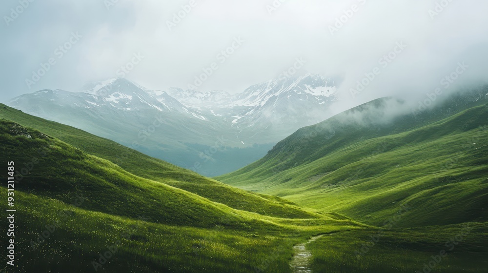 A serene green valley with mountains and mist, evoking tranquility and natural beauty. A serene green valley with mountains and mist, evoking tranquility and natural beauty.