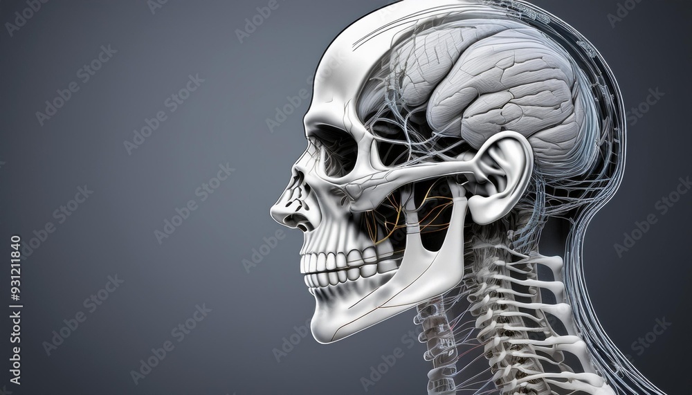 Human Skull Anatomy: Side View of Brain, Nerves, and Jaw in Medical Sketch with Copy Space Human Skull Anatomy: Side View of Brain, Nerves, and Jaw in Medical Sketch with Copy Space