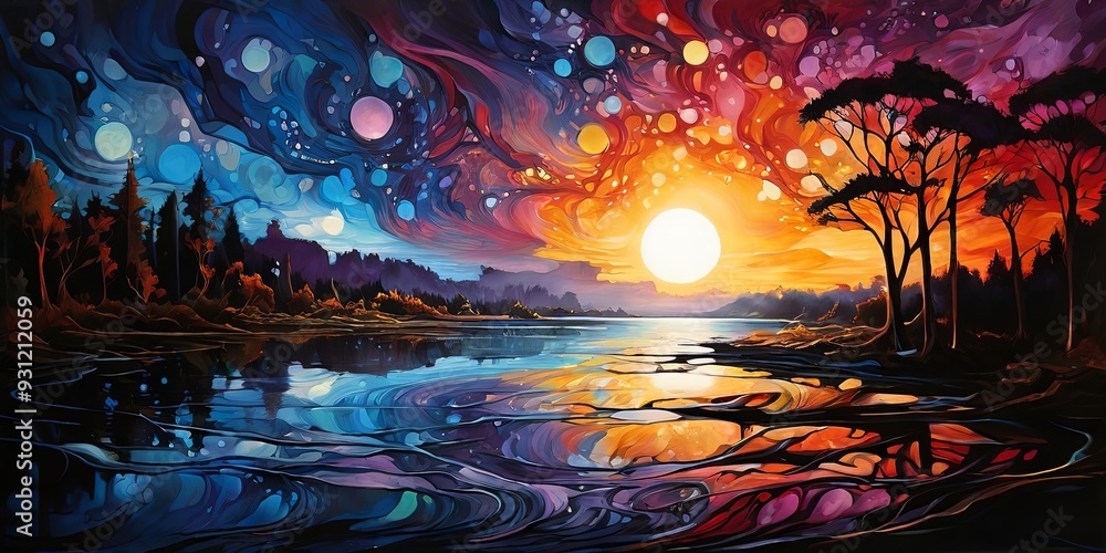 Obraz premium A painting of a sunset with a large sun and a body of water wallpaper 