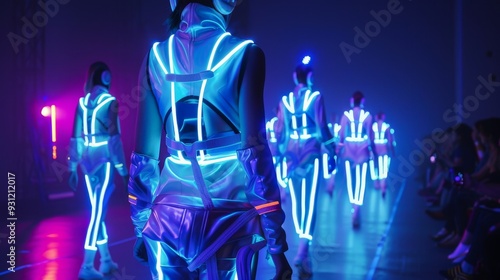 Futuristic fashion show featuring LED-embedded clothing, glowing runway, Techwear, Neon vibes.
