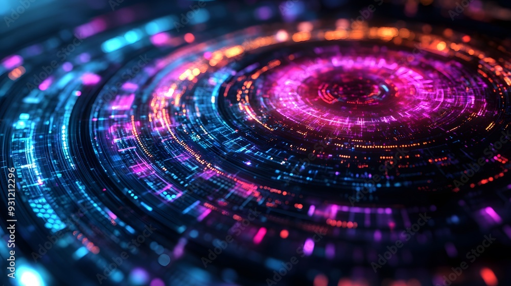 Circular data patterns in vibrant hues forming a complex abstract design Circular data patterns in vibrant hues forming a complex abstract design