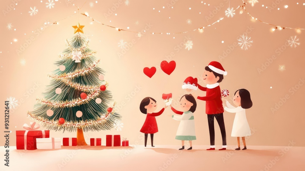 Christmas family reunion, tinsel-adorned tree, heartfelt greetings shared, festive and warm atmosphere, Watercolor style