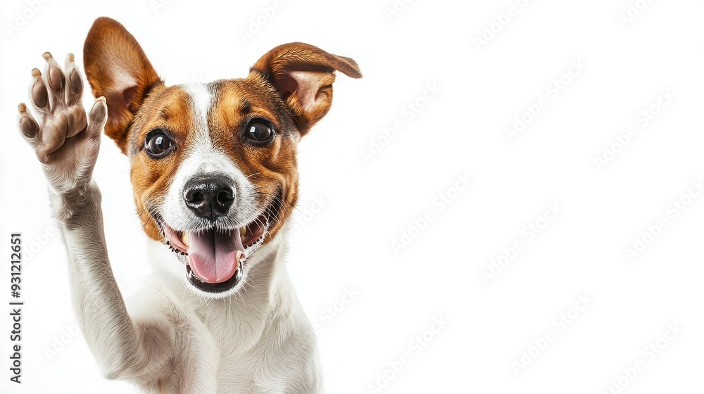 A happy dog with a big smile raises its paw as if to give a high five. A happy dog with a big smile raises its paw as if to give a high five.