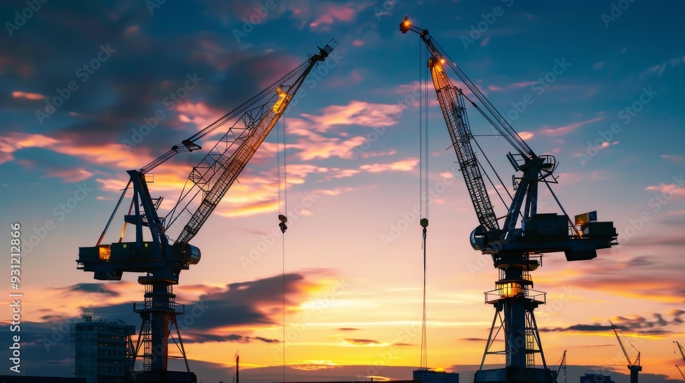 Dynamic industrial area with powerful cranes in motion, full coverage, deep depth of field, ample copy space. Dynamic industrial area with powerful cranes in motion, full coverage, deep depth of field, ample copy space.
