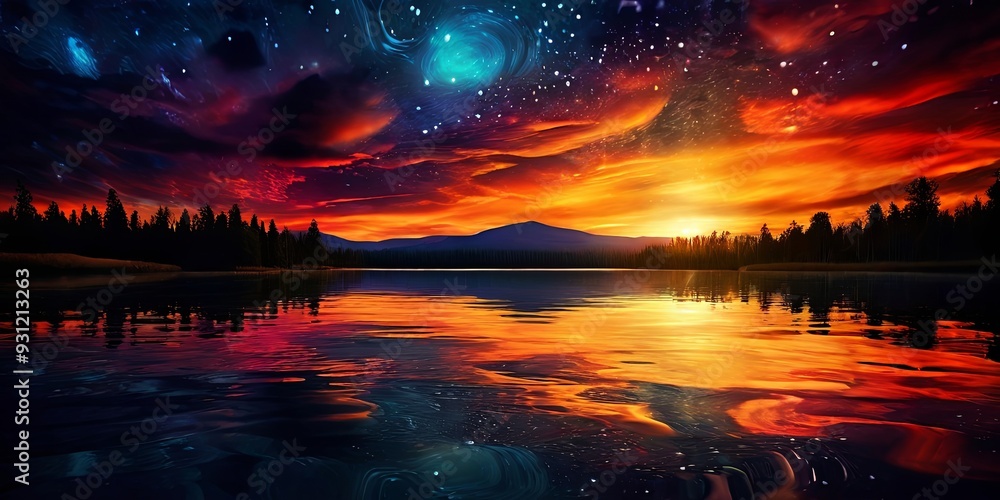 A beautiful sunset over a lake with a mountain in the background A beautiful sunset over a lake with a mountain in the background