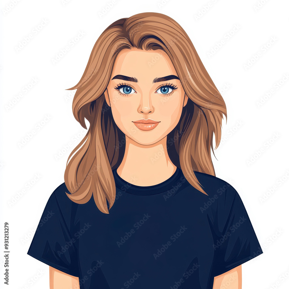 A vibrant illustration showcasing a woman in her late s, dressed in a dark blue graphic tee, with blue eyes and long brown hair. A vibrant illustration showcasing a woman in her late s, dressed in a dark blue graphic tee, with blue eyes and long brown hair.