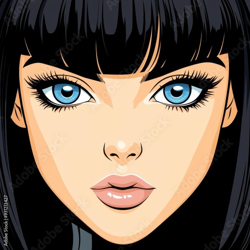 A striking comicstyle portrait of a woman with jet black hair and mesmerizing greyblue eyes, radiating unique charm. photo