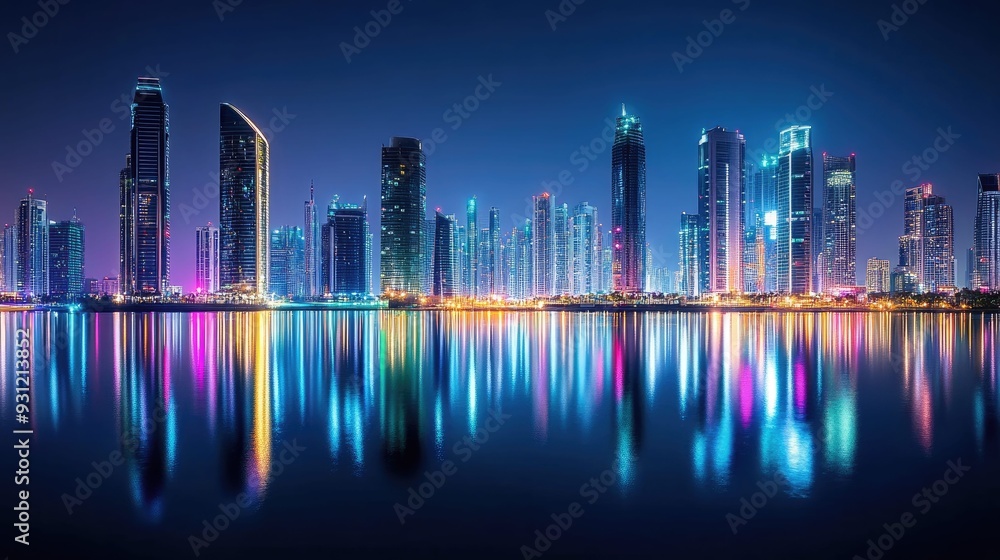 A cityscape of modern skyscrapers reflecting in the water at night. A cityscape of modern skyscrapers reflecting in the water at night.