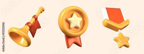 Set of 3D elements for victory concepts. Horn with flag, round medal, order with star