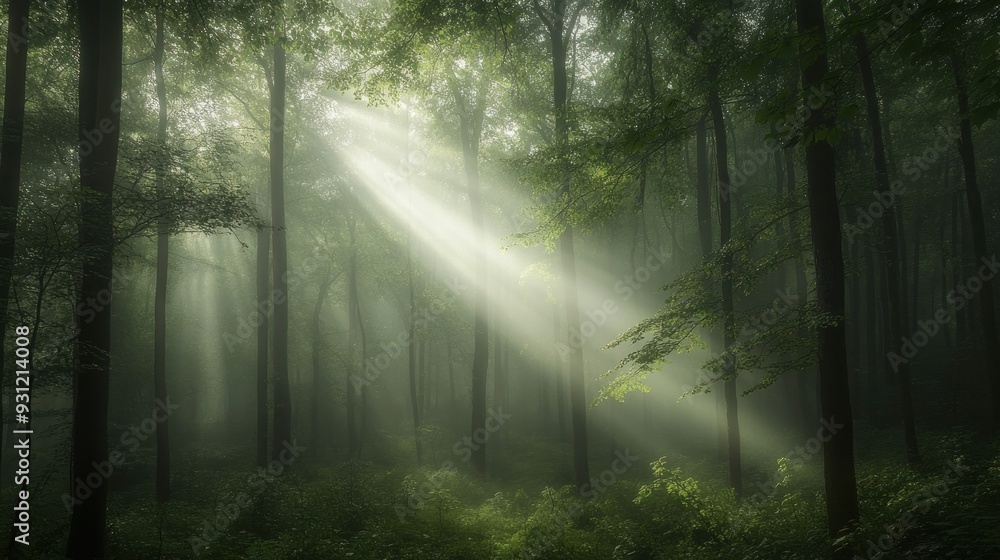 Fototapeta premium Sunbeams Through Misty Forest