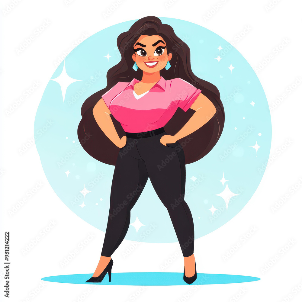 A cheerful mids mom stands in a pink shirt and black pants, illustrated in a vintage storybook style with vibrant colors. A cheerful mids mom stands in a pink shirt and black pants, illustrated in a vintage storybook style with vibrant colors.
