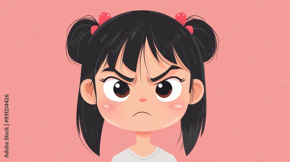 Vibrant cartoon girl shows irritation in a playful, modern flat style with textured details for a unique look. Vibrant cartoon girl shows irritation in a playful, modern flat style with textured details for a unique look.