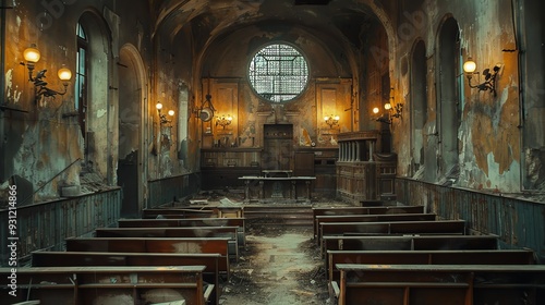 dramatic interior of an old abandoned courtroom or church with grungy walls and decorative lamps atmospheric architectural photography