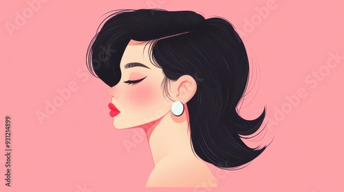 A cute girl with an asymmetric haircut and earring brings charm to beauty ads with her stylish illustration.