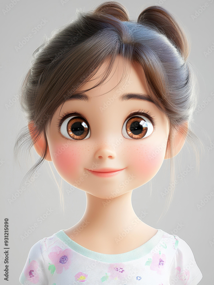 A portrait of a cute girl with expressive eyes and a playful smile, showcasing iridescent colors and fine luster in 3D style. A portrait of a cute girl with expressive eyes and a playful smile, showcasing iridescent colors and fine luster in 3D style.