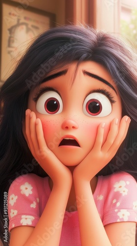 A shy girl hides her cheeks, flushed with embarrassment, embodying the sweet charm of youthful innocence and style.
