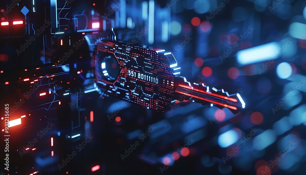 Digital Key to Security - Glowing Circuit Board with Key Digital Key to Security - Glowing Circuit Board with Key