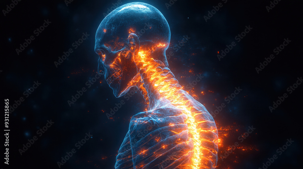 The glowing spine on the skeleton underscores the agony of back pain that radiates from damaged bones. The glowing spine on the skeleton underscores the agony of back pain that radiates from damaged bones.