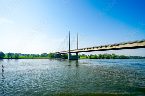 View of the Rees Kalkar Rhine bridge. Construction of a cable-stayed bridge on the Rhine River.
 photo