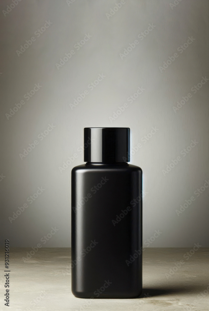 A black cosmetic skin care bottle on a flat surface stone background. Mockup scene for advertising cosmetic, space for design. A black cosmetic skin care bottle on a flat surface stone background. Mockup scene for advertising cosmetic, space for design.