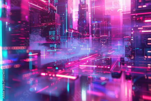 A futuristic holographic cityscape, with abstract buildings and floating structures glowing in neon hues.A futuristic holographic cityscape, with abstract buildings and floating structures glowing in 