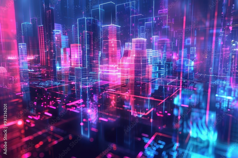A futuristic holographic cityscape, with abstract buildings and floating structures glowing in neon hues.A futuristic holographic cityscape, with abstract buildings and floating structures glowing in A futuristic holographic cityscape, with abstract buildings and floating structures glowing in neon hues.A futuristic holographic cityscape, with abstract buildings and floating structures glowing in