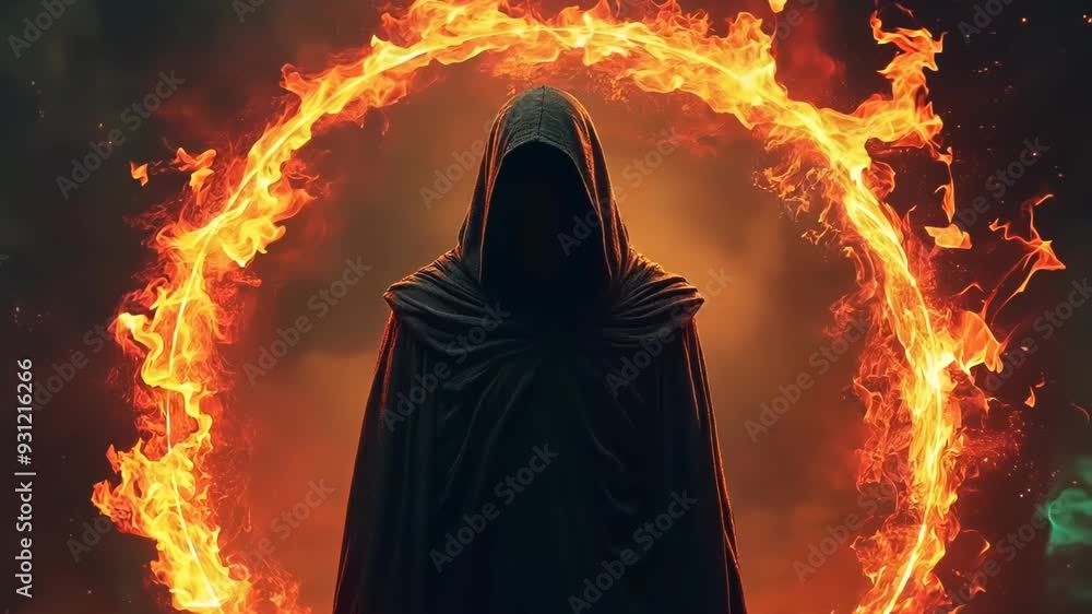 Cloaked figure stands before a swirling portal of fire. Flames form a ...