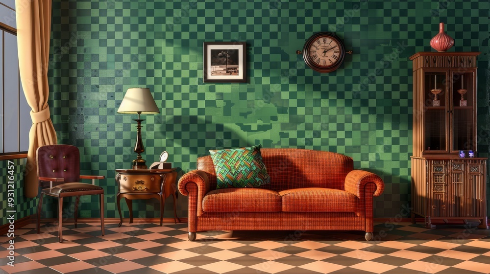 Fototapeta premium Vintage furniture in charming, stylish 3D room with nostalgic decor, classic interior, abstract background.