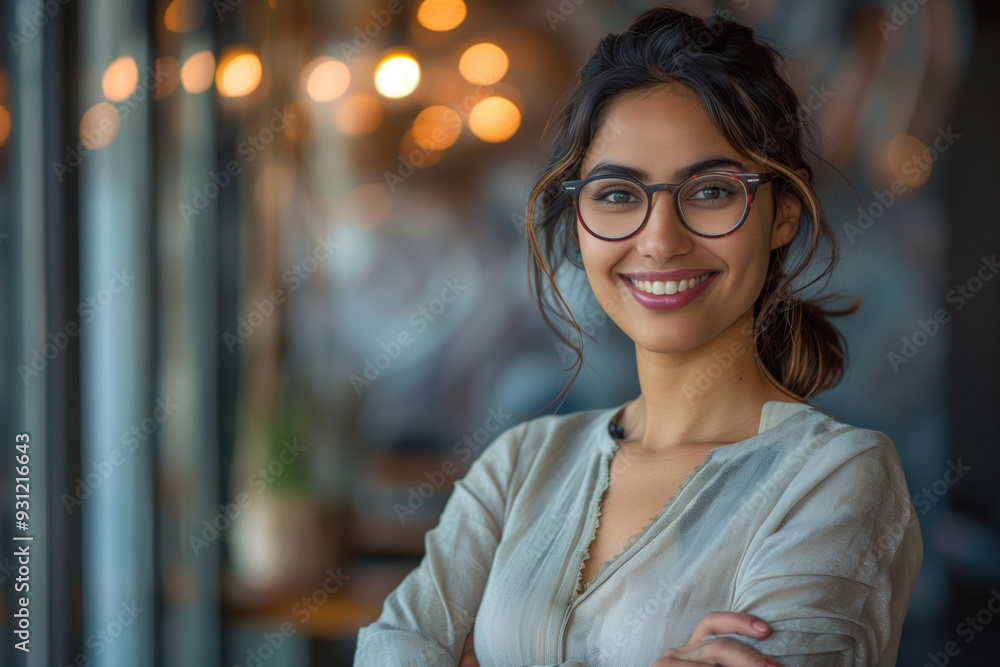 Confident Indian woman in glasses smiling with arms crossed in modern office environment. Concepts of professional success, positivity, and workplace confidence. Confident Indian woman in glasses smiling with arms crossed in modern office environment. Concepts of professional success, positivity, and workplace confidence.