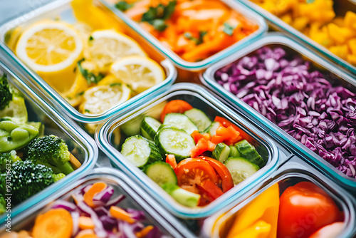 Fresh vegetables in vibrant colors evoke sense of health and vitality. image showcases variety of chopped vegetables, neatly arranged in glass containers, highlighting their freshness and appeal.