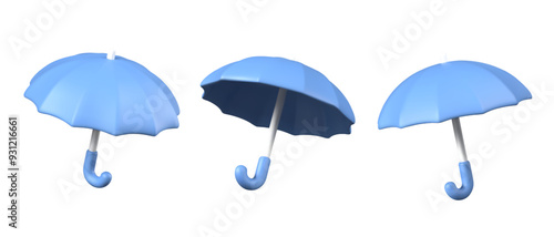 3D open blue umbrella in different positions. Template for protection, insurance concepts