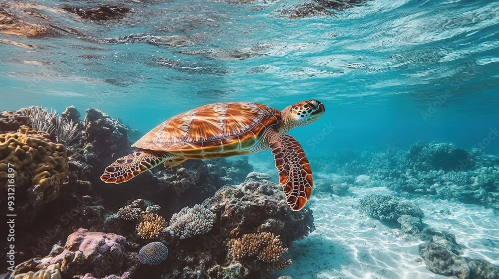 A sea turtle swims through a vibrant coral reef in clear turquoise water. A sea turtle swims through a vibrant coral reef in clear turquoise water.