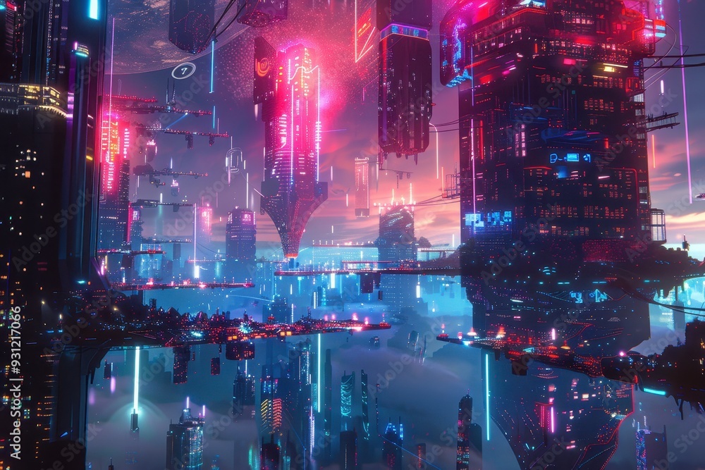 A futuristic holographic cityscape, with abstract buildings and floating structures glowing in neon hues.A futuristic holographic cityscape, with abstract buildings and floating structures glowing in A futuristic holographic cityscape, with abstract buildings and floating structures glowing in neon hues.A futuristic holographic cityscape, with abstract buildings and floating structures glowing in