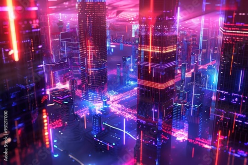 A futuristic holographic cityscape, with abstract buildings and floating structures glowing in neon hues.A futuristic holographic cityscape, with abstract buildings and floating structures glowing in 